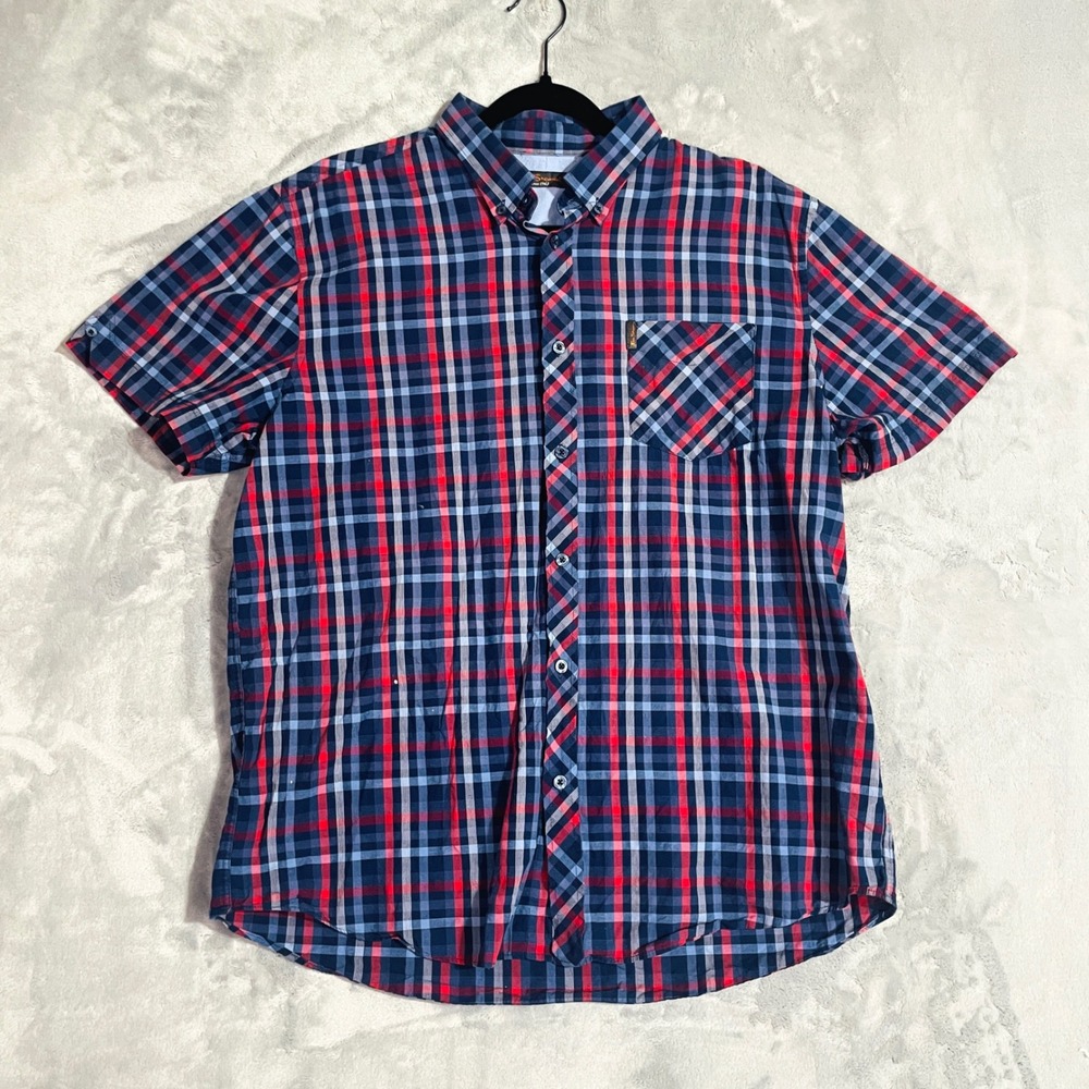VTG Ben Sherman Button Down Shirt Mens L Blue Red Excellent Plaid Short Sleeve